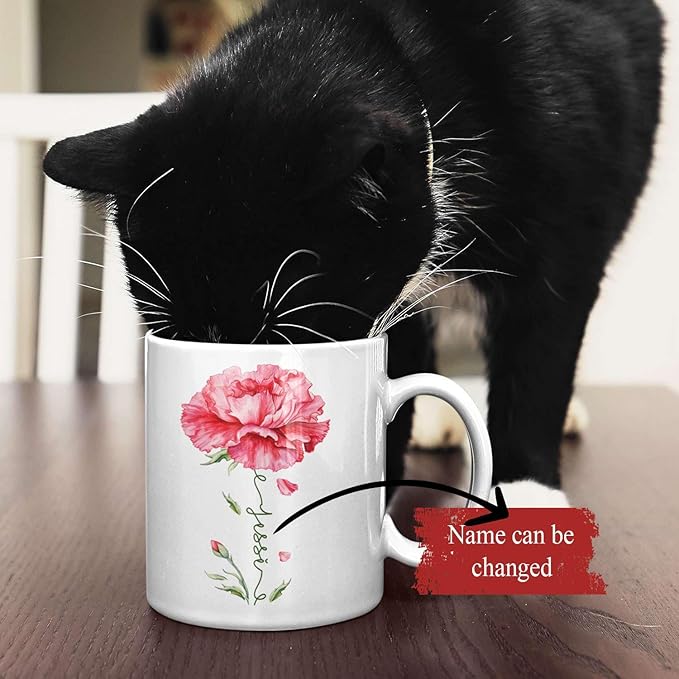 Personalized Floral Carnation Mug, Customized Name On Flower Coffee Cup, Unique Ceramic Tea Mug 11oz Or 15oz, Custom Carnation Flower Accent Cup, Gift For Daughter Mother-Ruum Studio Home
