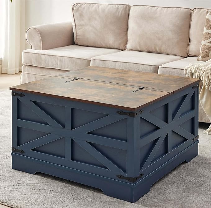 Blue Coffee Table with Storage, Cocktail Table with Hinged Lift Top, Farmhouse Square Wood Center Table with Large Hidden Storage Compartment for Living Room, Square Coffee Table, Metal Edges Decor-Ruum Studio Home
