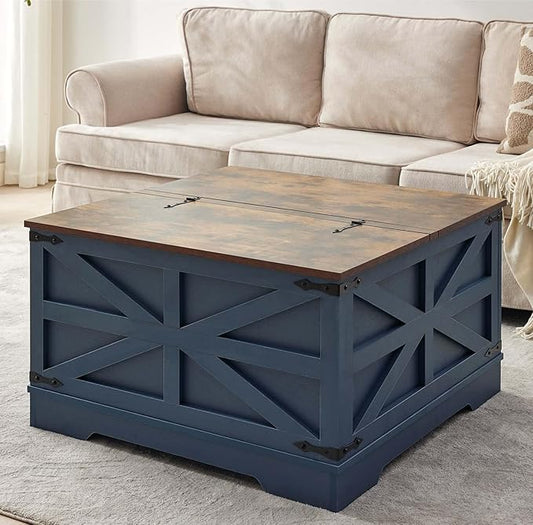 Blue Coffee Table with Storage, Cocktail Table with Hinged Lift Top, Farmhouse Square Wood Center Table with Large Hidden Storage Compartment for Living Room, Square Coffee Table, Metal Edges Decor-Ruum Studio Home
