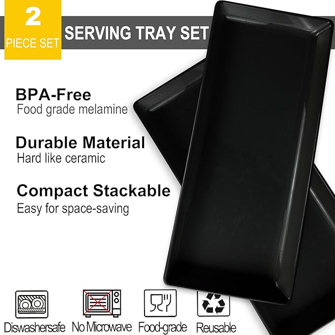 Long Melemine Serving Tray, 17.3x8x1.5 in Serving Platters and Trays for Appetizer, Charcuterie, Bread, Fruit, Dessert, Set of 2, Black-Ruum Studio Home