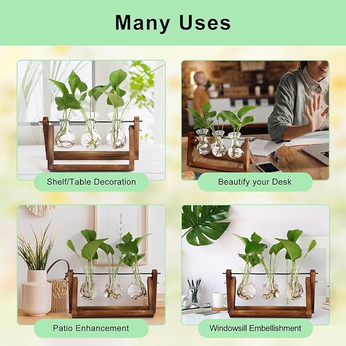 YIBOT Propagation Stations,Plant Terrarium with Retro Wooden Stand, Unique Gardening Birthday Gifts for Women Plant Lovers, Hydroponics Plants Home Office Garden Decor - 3 Bulb Glass Vases-Ruum Studio Home