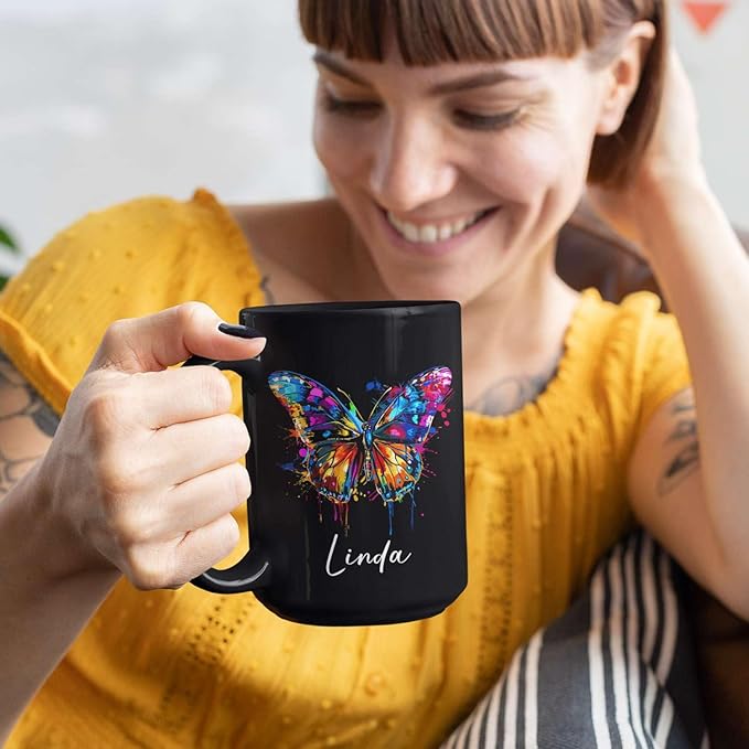 Customized Butterfly Mug, Themed Coffee Cup, Gift For Men Women, Personalized Name Butterfly Black Mug, Ceramic Cup 11oz 15oz, Lover Mug-Ruum Studio Home