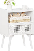 Lerliuo Rattan Nightstand, Side Table with Drawer Open Shelf, Cane Accent Bedside End Table with Solid Wood Legs, Mid Century Modern Night Stand for Bedroom, Dorm and Small Spaces (White)-Ruum Studio Home