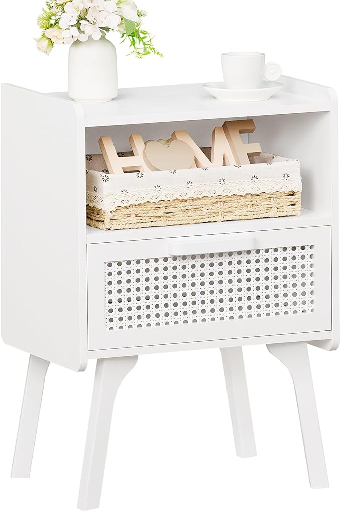 Lerliuo Rattan Nightstand, Side Table with Drawer Open Shelf, Cane Accent Bedside End Table with Solid Wood Legs, Mid Century Modern Night Stand for Bedroom, Dorm and Small Spaces (White)-Ruum Studio Home