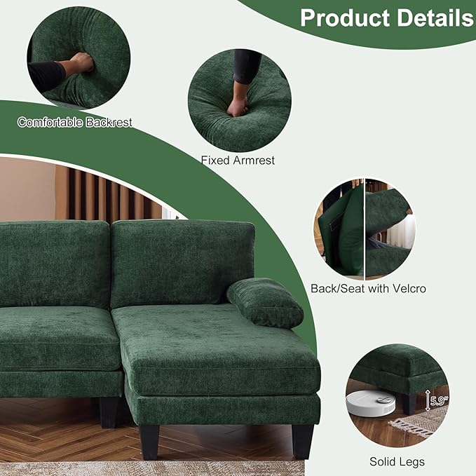 Karl home U-Shape Sectional Sofa Couch 111" Modern 4-Seat Sofa with Chaises Chenille Fabric Upholstered Covertible Couch with Wood Grain Legs for Living Room, Reception Room, Apartment, Green-Ruum Studio Home