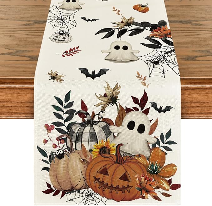 Artoid Mode Pumpkin Ghost Leaves Spider Web 210 GSM Halloween Table Runner, Spooky Kitchen Dining Table Decoration for Home Party Decor 13x36 Inch-Ruum Studio Home
