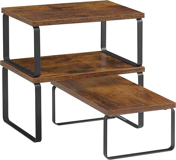 SONGMICS Cabinet Organizer Shelf, Set of 3 Kitchen Counter Shelves, Kitchen Storage, Spice Rack, Stackable, Expandable, Rustic Brown and Matte Black UKCS220K02-Ruum Studio Home