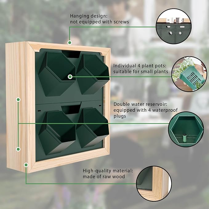 Vertical Wall Planter, 4 Pots Self Watering Living Planters Indoor, Wooden Frame Planter Wall Decoration Home Office (No Screw)-Ruum Studio Home
