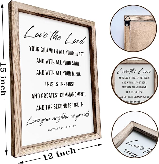 Christian Wall Plaque, Master Bedroom Decor Above Bed, Rustic Farmhouse Christian Decor, Matthew 22:37-39 Signs, Framed Wall Plaque Sign 15 * 11.5 inches, Love the Lord Sign-Ruum Studio Home