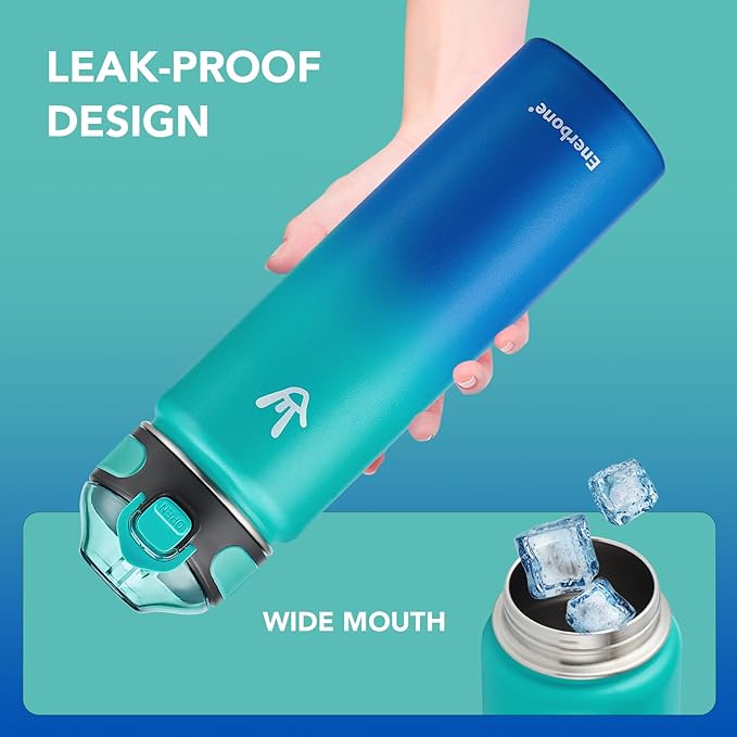 Enerbone 24 oz Insulated Water Bottle, Stainless Steel Bottle with Carrying Strap, Double-Wall Vacuum Insulation Design, Leakproof Sports Bottle with Straw, Keep Drinks Cold or Hot for Hours-Ruum Studio Home