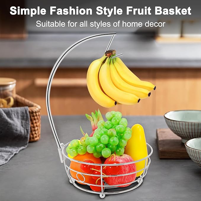 Livabber Countertop Fruit Basket Bowl with Banana Hanger, Modern Standing Fruit Vegetable Bowl Storage, with Banana Tree Holder for Kitchen Dinning Table (Round Metal, Chrome)-Ruum Studio Home