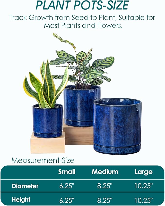 vancasso Ceramic Planters, Plant Pots for Indoor Plants, 6.25+8.25+10.25 Inch Ceramic Pots for Plants, Flower Pots with Drainage Holes (Blue, 6.25+8.25+10.25 Inch)-Ruum Studio Home