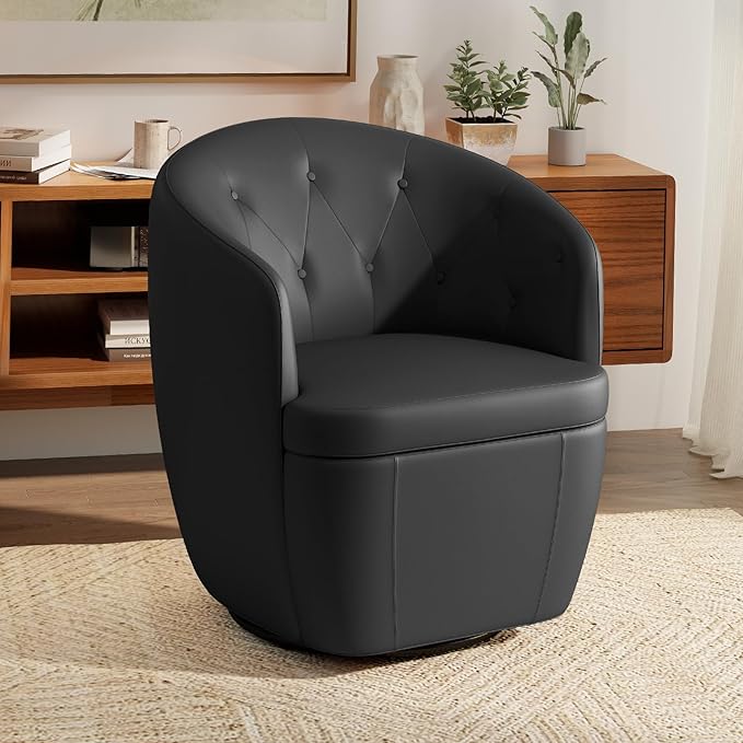 360° Swivel Leather Accent Chair, Modern Barrel Club Chair with Leather Upholstery and Sturdy Base, Comfortable Armchair for Living Room, Bedroom, Reading Nook, Brown-Ruum Studio Home