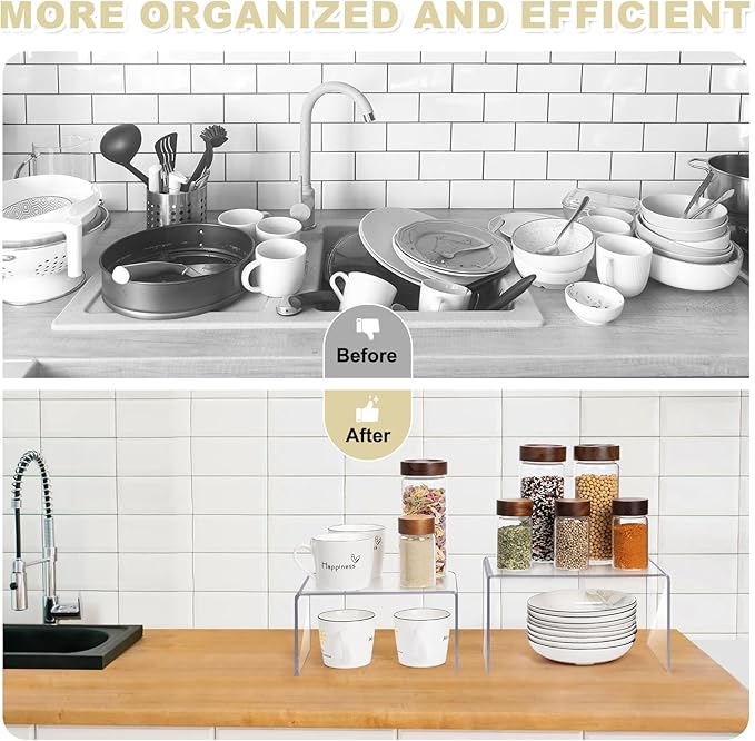 Acrylic Clear Kitchen Rack for Dishes, Spices Jars and Mugs, Kitchen Counter Cabinet Organizer, Clear Spice Rack Shelves, 5mm Thick, 2 Pack-Ruum Studio Home