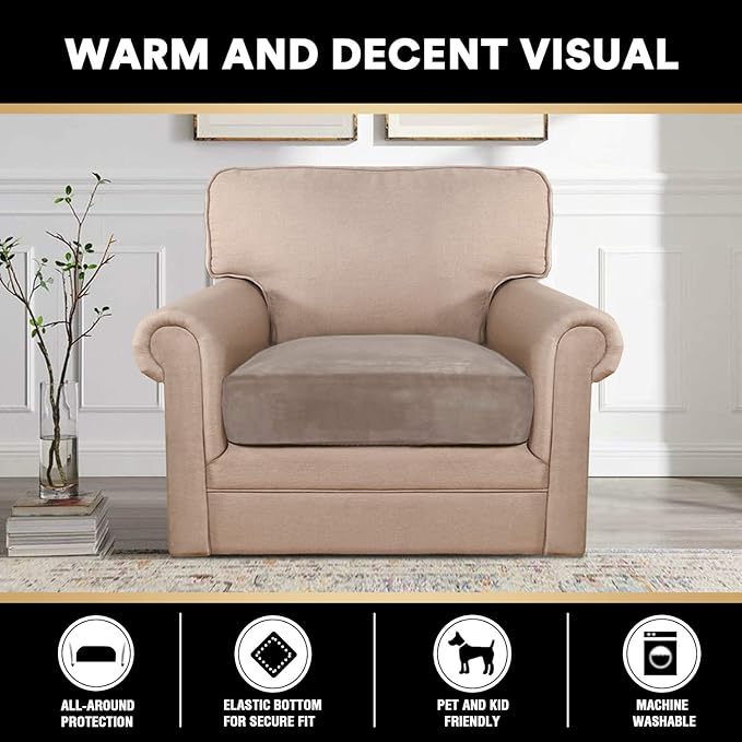 PrinceDeco Velvet Stretch Couch Cushion Cover Soft Cushion Slipcover for Chair Cushion Furniture Protector Seat Cushion Sofa Cover (Width Up to 29.5", Taupe)-Ruum Studio Home