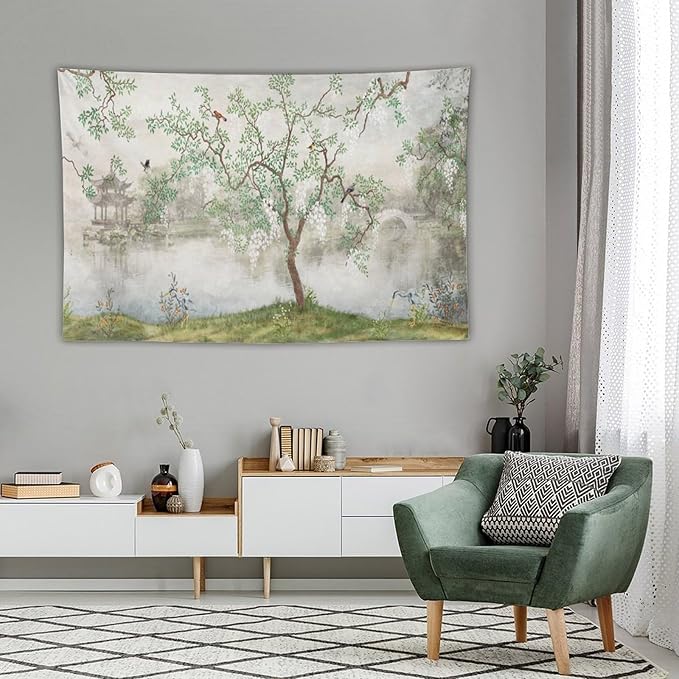 HZOHNAGO Japanese Tapestry Tree Misty Garden Lake Printed Wall Tapestry Ink Painting Wall Hanging for Bedroom Living Room Dorm 90" W x 60" H-Ruum Studio Home
