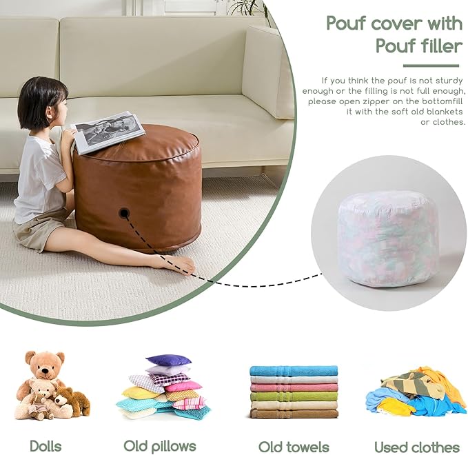 HIGOGOGO Round Stuffed Pouf Ottoman, Pu Leather Poufs with Foam Chunk Filling, Furry and Fluffy Pouf Foot Stool Storage Ottoman, 20 X 15 Floor Poufs Foot Rest for Living Room,Brown-Ruum Studio Home