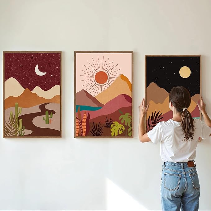 SIGNINART Boho Desert Framed Canvas Wall Art Set of 3, Colorful Sun and Moon Art Prints, Bohemian Modern Cactus Art Paintings, Southwestern Landscape Wall Decor for Living Room, Bedroom, Office 16"x24"-Ruum Studio Home