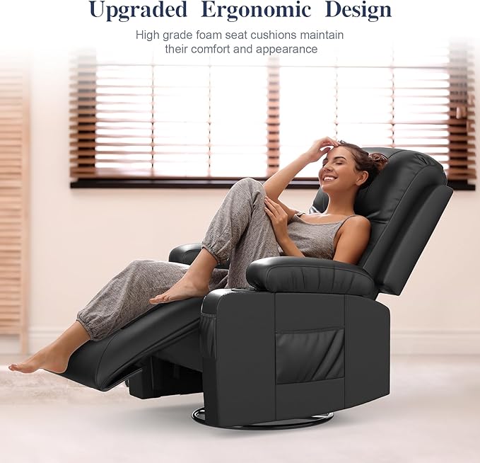 Recliner Chairs for Adults, FSC Certified Massage Rocker with Heated Modern Ergonomic Lounge 360 Degree Swivel Single Sofa Seat Living Room Lounge Recliners Black-Ruum Studio Home