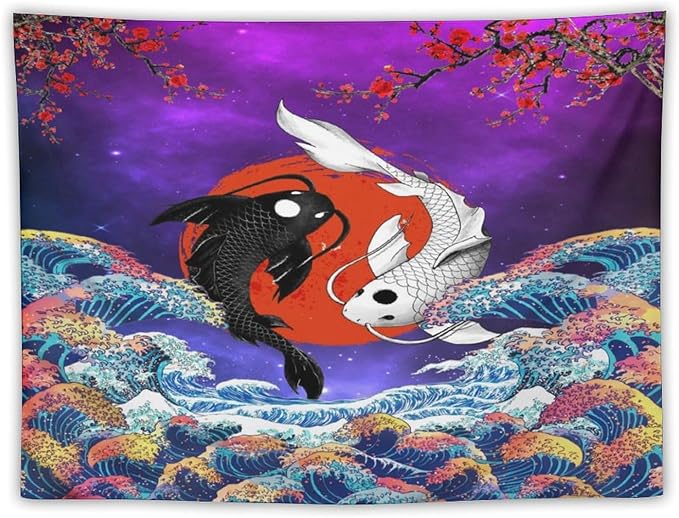 Houselerax Japanese Koi Fish Tapestry, Yin Yang Big Wave Cherry Blossom Tapestries Wall Hanging for Bedroom Living Room Office Decor 60"x40"-Ruum Studio Home