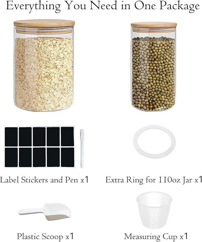 Glass Storage Jars Set Elegant Containers with Airtight Bamboo Lids, Perfect for Kitchen Organization - Flour, Rice, Pasta, Sugar, Coffee Beans, Accessories Included (2 packs(37oz / 110oz))-Ruum Studio Home