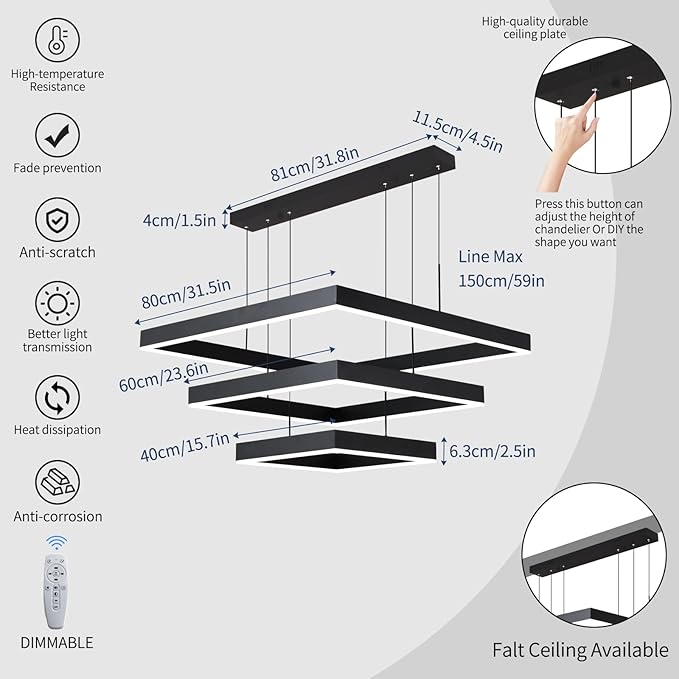 Modern LED Square Chandelier, 3 Ring Dimmable for Living, Dining, Bedroom & Foyer - High Ceiling Hanging LED Pendant Light Fixture (Black)-Ruum Studio Home
