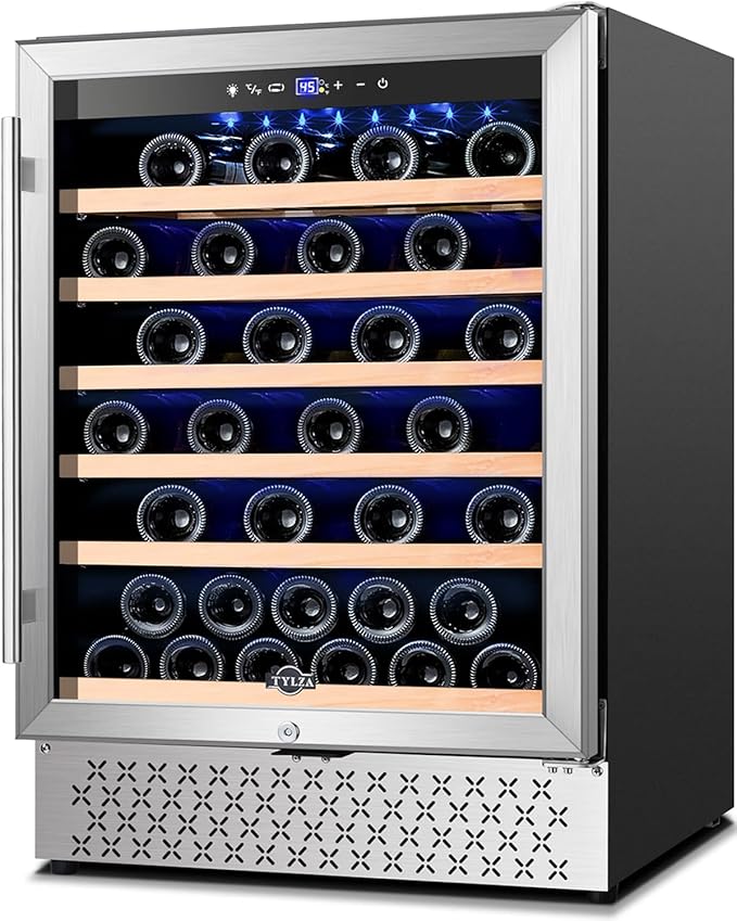 Tylza 24 Inch Wine Cooler Refrigerator, 51 Bottle Built-in or Freestanding, 24'' Fridge with Stainless Steel & Double Layer Tempered Glass Door and Temperature Memory Function-Ruum Studio Home