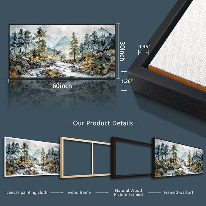 PHAOHUAXM Large Canvas Printing Artworks Wall Art For Bedroom Wall Decor For Living Room Office Home Decor Rivulet View Painting Forest Tree Landscape Watercolour Pictures Black Framed 30x60 In-Ruum Studio Home
