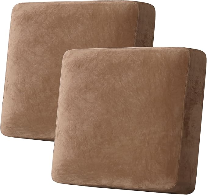 H.VERSAILTEX Velvet Stretch Couch Cushion Cover Plush Cushion Slipcover for Chair Loveseat Sofa Cushion Furniture Protector Seat Cushion Sofa Cover (2 Piece Large Sofa Cushion Covers, Camel)-Ruum Studio Home