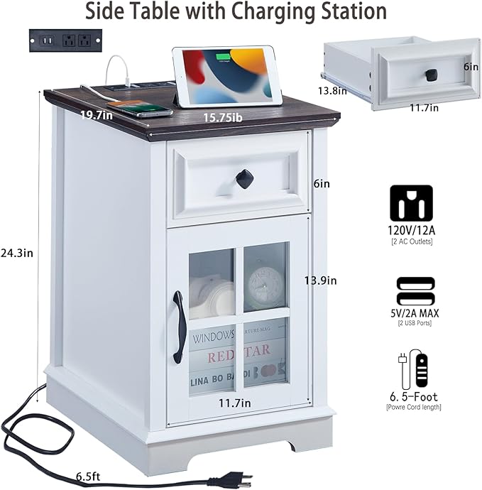 Farmhouse XXL End Table with Charging Station, Side Table with USB Ports and Outlets, Nightstand with Drawer and Glass Door Storage, White Bedside Tables for Living Room, Bedroom, Office-Ruum Studio Home