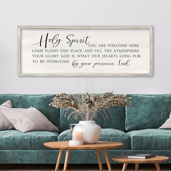 Holy Spirit You are Welcome Here Wall Decor Art 40x15 Inch Large Christian Song Bible Verse Plaque Wood Framed Sign Living Room Scripture Quote Religious For Office Wall Hanging (White)-Ruum Studio Home