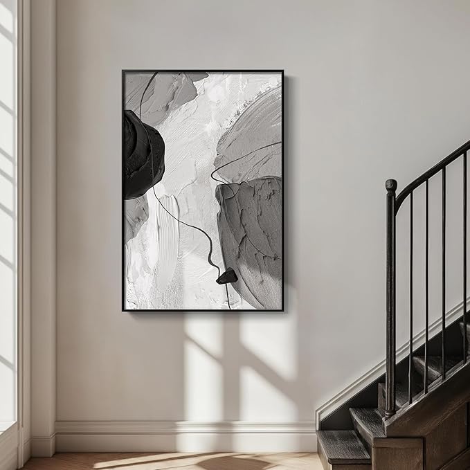 Large Framed Black and White Modern Abstract Vertical Wall Art for Living Room, Canvas Prints Paintings Artwork for Walls, Minimalist Gray Pictures for Hallway Stair Office Wall Decor 40x60 In-Ruum Studio Home