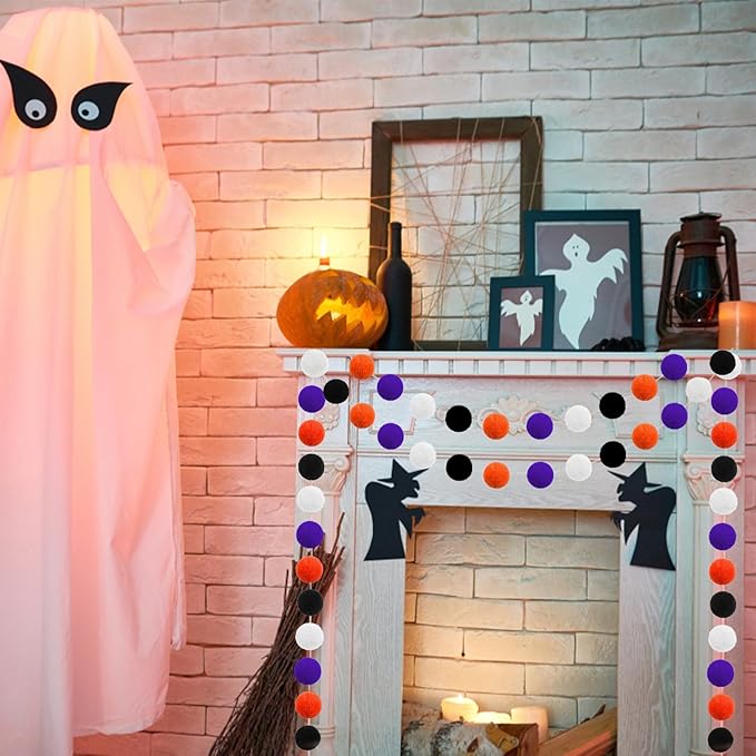 Jishi Fall Event Garlands, 3pk Orange Black White Felt Pom Pom Garland, 6.6ft Long, 25mm 24 Balls, Halloween Thanksgiving Party Decor-Ruum Studio Home