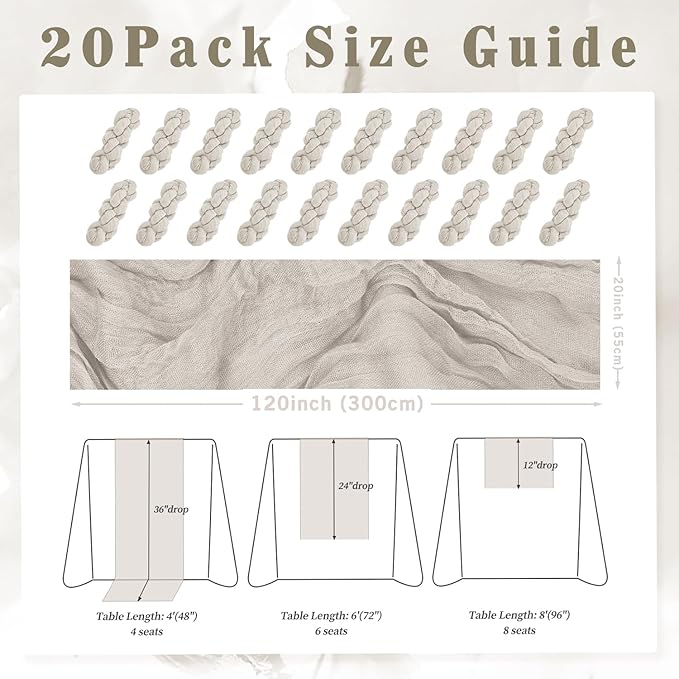 20 Pack Rose Brown Cheesecloth Table Runner 10FT Rustic Gauze Fabric Cheese Cloth Table Runner for Wedding Bridal Baby Shower Table Decor Boho Sheer Birthday Party Table Decorations 20 x 120 Inch Long-Ruum Studio Home