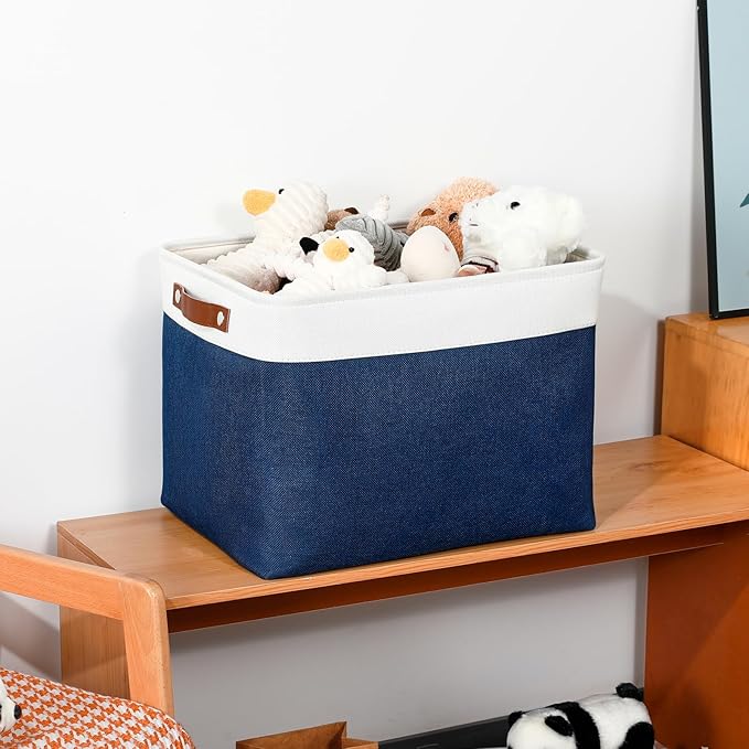 DULLEMELO Large Storage Baskets with Leather Handles for Linen Closet and Home Office, Decorative Baskets for Toys Storage (White & Blue)-Ruum Studio Home