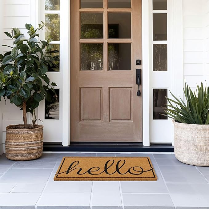 Barnyard Designs Natural Coco Coir Heavy Duty Backing Doormat - Large Cute Non-Slip Front Door Welcome Mat for Outside Entrance or Porch Entry, Brown (17x30, Hello)-Ruum Studio Home