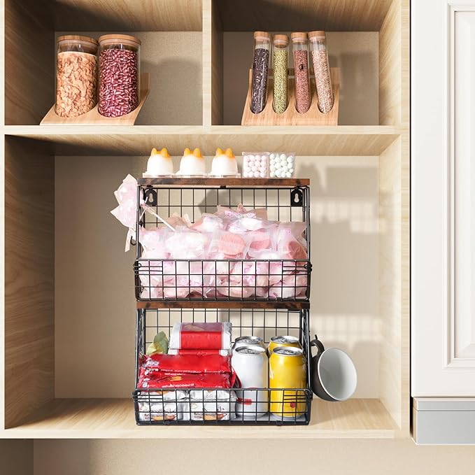 2pcs Fruit Basket Kitchen Storage Basket with Wood Lid, Stackable Wall Basket Fruit Basket for Kitchen, Countertop Organizer for Snack, Fruit and Veggie Storage, 11.8 x 7.9 x 8.5 Inch-Ruum Studio Home