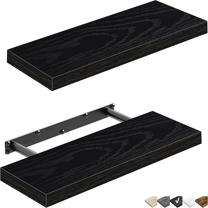 QEEIG Floating Shelves for Wall Bathroom Shelf Bedroom Kitchen Living Room Farmhouse Small Book Shelf 16 inch Set of 2, Black (015-B2)-Ruum Studio Home