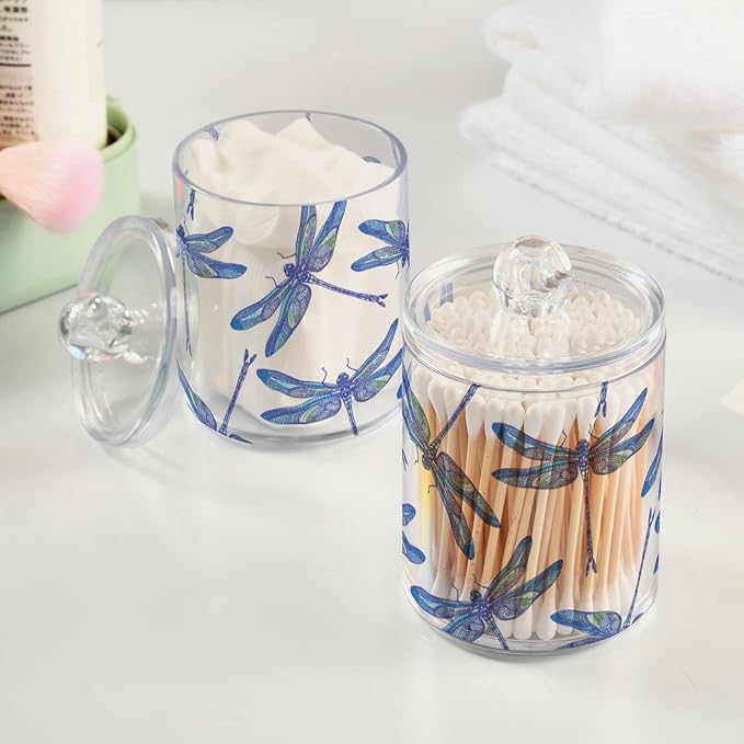 2 Pack Qtip Holder Organizer Dispenser Dragonflies Bathroom Storage Canister Cotton Ball Holder Container for Cotton Swabs/Pads/Floss-Ruum Studio Home
