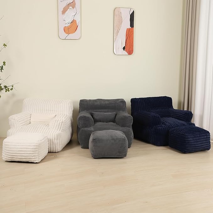 Comfy Gaint Bean Bag Chair with Ottoman, Fluffy Huge Bean Bag Armchair for Adults and Teens, Dark Blue-Ruum Studio Home