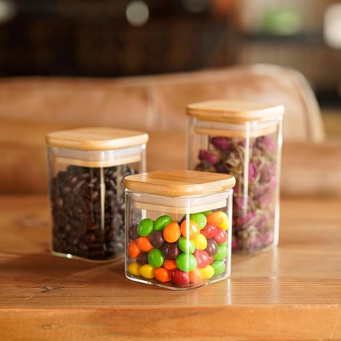 Glass Food Storage Jars Square 6oz, 16 Pack Glass Jars With Bamboo Lids, Kitchen Storage Containers For Spice, Candy, Cookie, Storage For Pantry Organizers-Ruum Studio Home