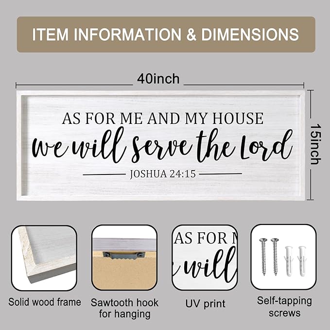 As For Me And My House We Will Serve The Lord Framed Wall Art, 40''×15'' Positive Religious Bible Verse for Christian God Jesus Christ Prayer, Vintage Rustic Long Holy Catholic Scripture Decor-Ruum Studio Home