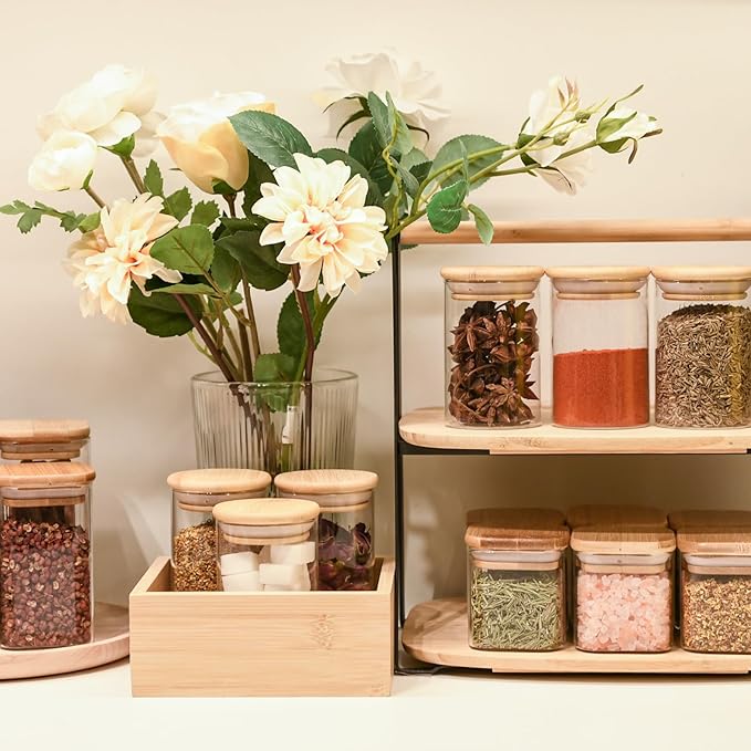 Glass Food Storage Jars Square 6oz, 16 Pack Glass Jars With Bamboo Lids, Kitchen Storage Containers For Spice, Candy, Cookie, Storage For Pantry Organizers-Ruum Studio Home
