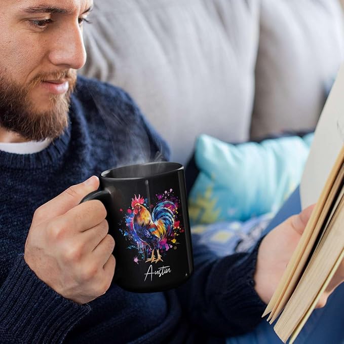 Customized Name Rooster Coffee Mug - Gift for Men Women, Personalized Black Cup, Unique Chicken Ceramic 11oz 15oz, Funny Colorful Themed-Ruum Studio Home