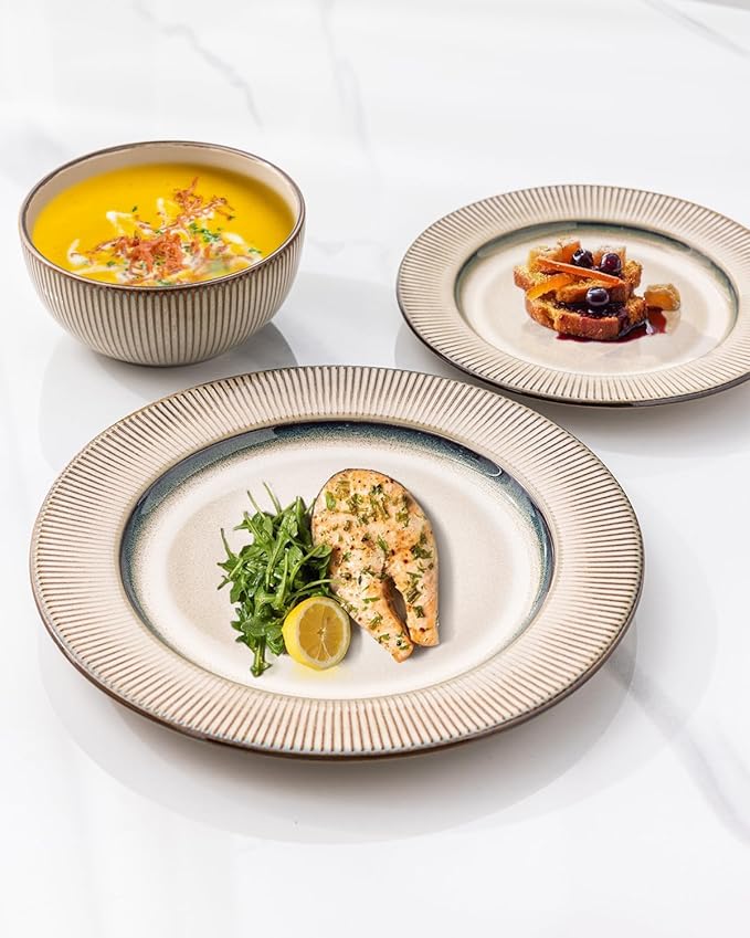 GBHOME Ceramic Dinnerware Sets, 18 Piece Embossed Elegant Stoneware Plates and Bowls Sets, Housewarming Wedding Gift | Dishwasher & Microwave Safe | Dishes Set Service for 8-Ruum Studio Home
