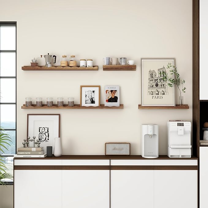 Fun Memories Picture Ledge Shelf for Wall, 48 inch Pine Wood Nursery Book Shelves Set of 2- Wall Book Shelves for Kids Room, Home Decor - Kitchen Spice-Carbonized-Ruum Studio Home