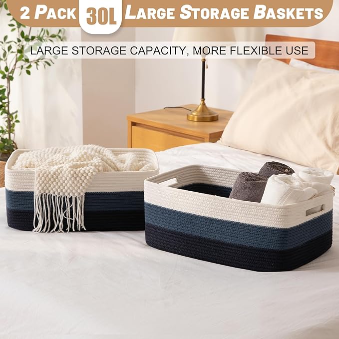 Large Storage Basket for Organizing, Woven Rope Basket for Shelves, Closet Organizer Bins for Clothes, Blanket, Toys, Baby Nursery Storage, 17.7" x 13" x 7.87", 2 Packs Gradient Blue-Ruum Studio Home