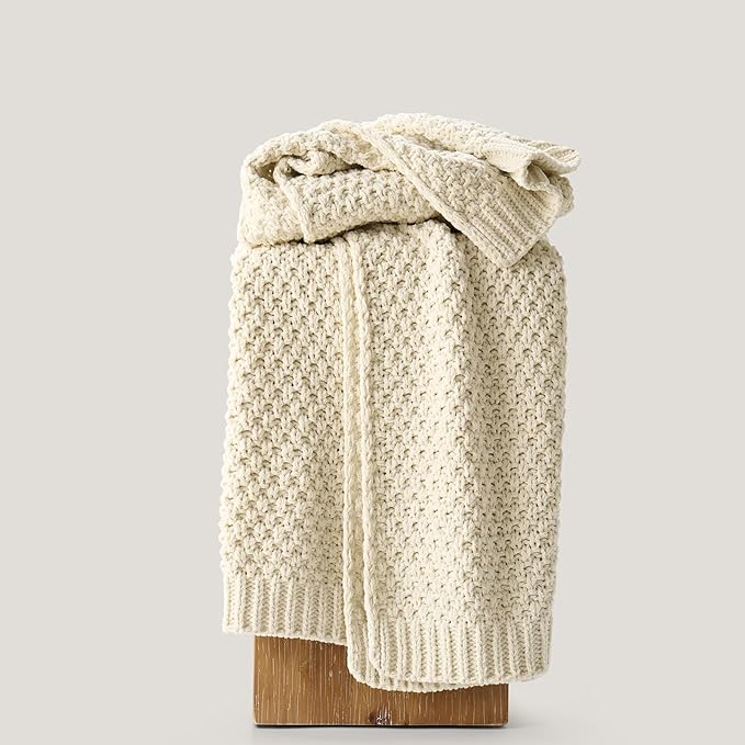 Chunky Chenille Knit Throw Blanket for Couch, Soft Luxurious Moss Stitch Blankets for Bed, Cozy Decorative Farmhouse Knitted Throws for Sofa, Beige, 60" x 80"-Ruum Studio Home