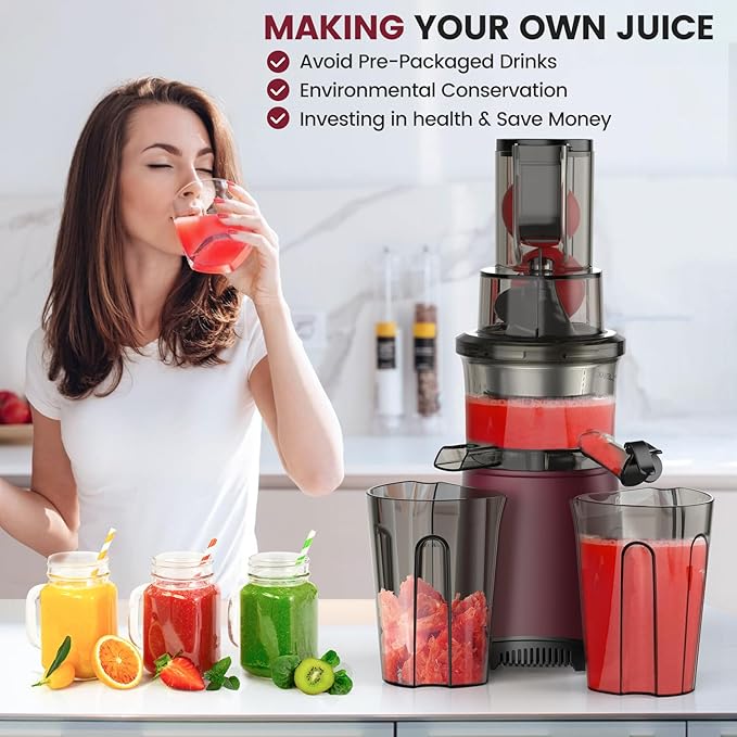 Masticating Cold Press Juicer Machines: 200W Pure Slow Juicer With Quiet Motor For Vegetable And Fruit Easy To Clean, Red-Ruum Studio Home