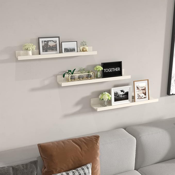 Giftgarden 24 Inch Floating Shelves for Wall, Creamy White Beige Wood-Grain Wooden Shelf Ledge for Bathroom Kitchen Living Room Nursery Bedroom Picture, Set of 3 Different Sizes-Ruum Studio Home